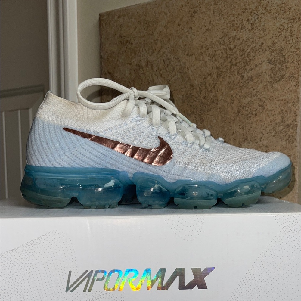 Nike VaporMax Flyknit White with Metallic and Blue Sole